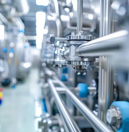A clean and organized pharmaceutical plant where steel pipelines and valves are part of a sterile environment